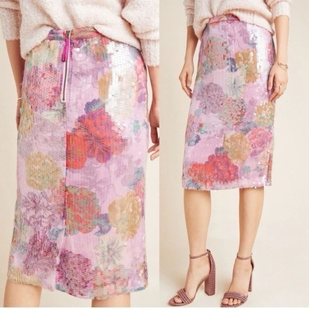 Pink Anthropologie Floral Sequin Pencil Skirt - Picture 1 of 4
